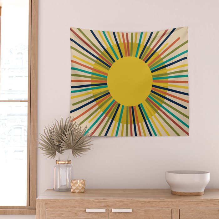 Sunbow 3 - Mid Mod Multicolor Sunburst Sun on Beige Wall Tapestry Gallery Image 2