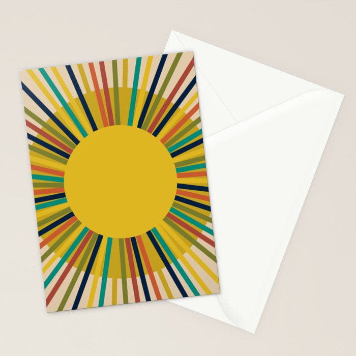 Sunbow 3 - Mid Mod Multicolor Sunburst Sun on Beige Stationery Card Gallery Image 2