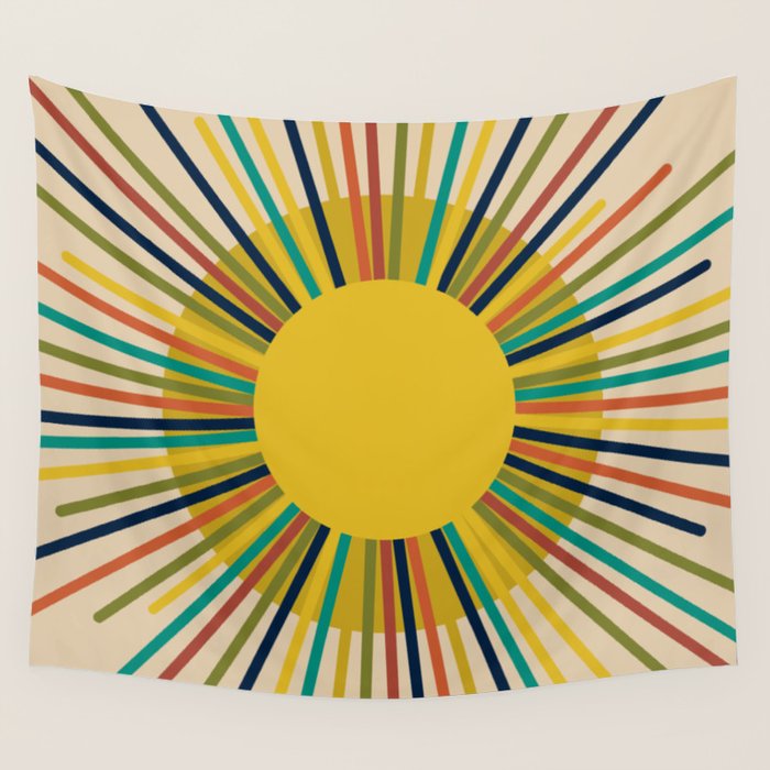 Sunbow 3 - Mid Mod Multicolor Sunburst Sun on Beige Wall Tapestry Gallery Image 4