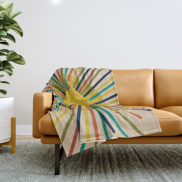 Sunbow 3 - Mid Mod Multicolor Sunburst Sun on Beige Throw Blanket Gallery Image 1