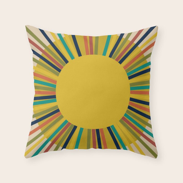 Sunbow 3 - Mid Mod Multicolor Sunburst Sun on Beige Throw Pillow Gallery Image 6