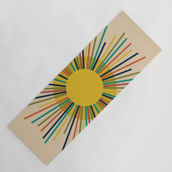 Sunbow 3 - Mid Mod Multicolor Sunburst Sun on Beige Yoga Mat Gallery Image 1