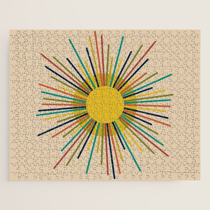 Sunbow 3 - Mid Mod Multicolor Sunburst Sun on Beige Jigsaw Puzzle Gallery Image 1
