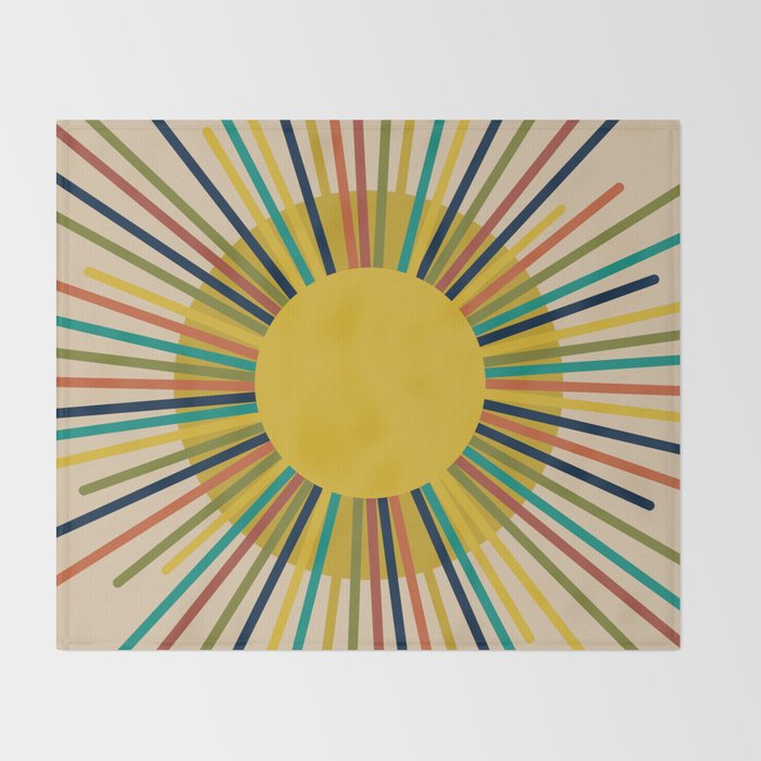 Sunbow 3 - Mid Mod Multicolor Sunburst Sun on Beige Throw Blanket Gallery Image 2