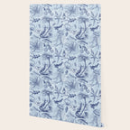 Coral Reef Life Underwater Sea Scene Blue Monochromatic Toile Pattern  Wallpaper Gallery Image 2