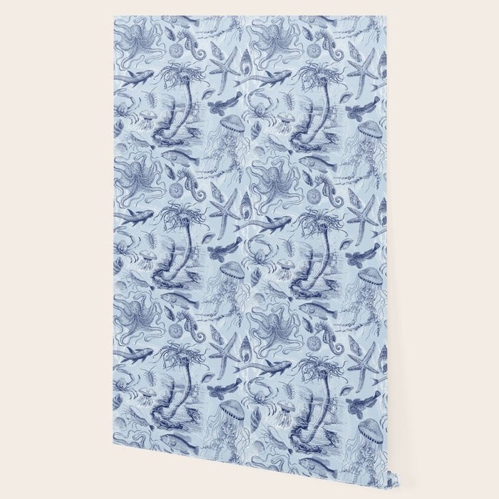 Coral Reef Life Underwater Sea Scene Blue Monochromatic Toile Pattern  Wallpaper Gallery Image 2