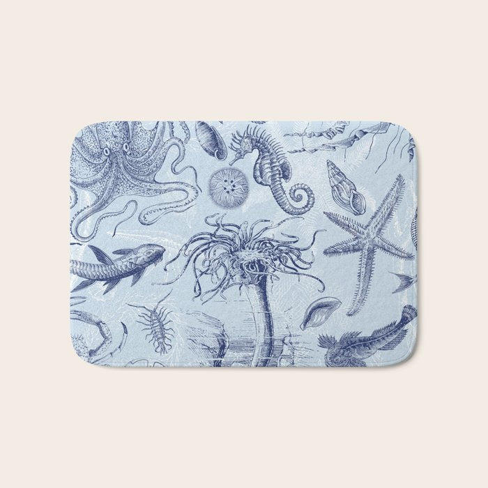 Coral Reef Life Underwater Sea Scene Blue Monochromatic Toile Pattern  Bath Mat Gallery Image 1