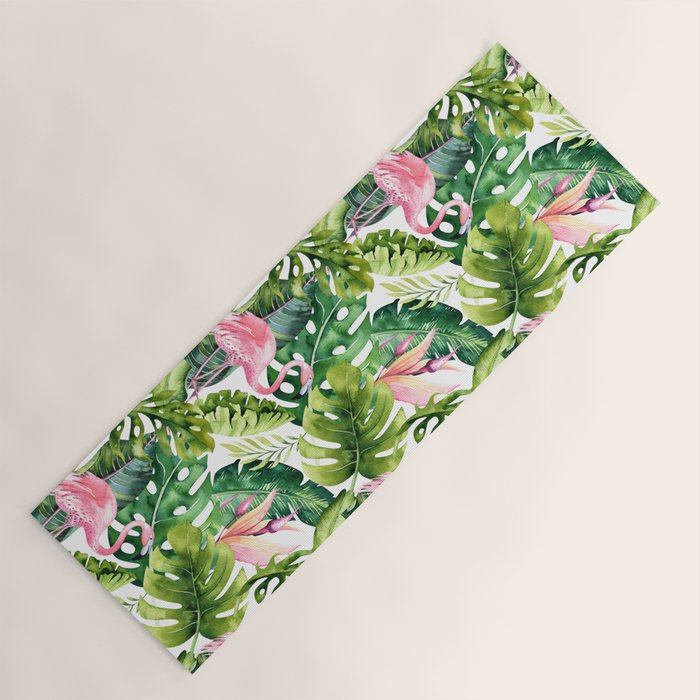 Flamingo Tropical, Colorful Tropical Jungle Monstera Painting, Watercolor Birds Banana Leaves Yoga Mat Gallery Image 1