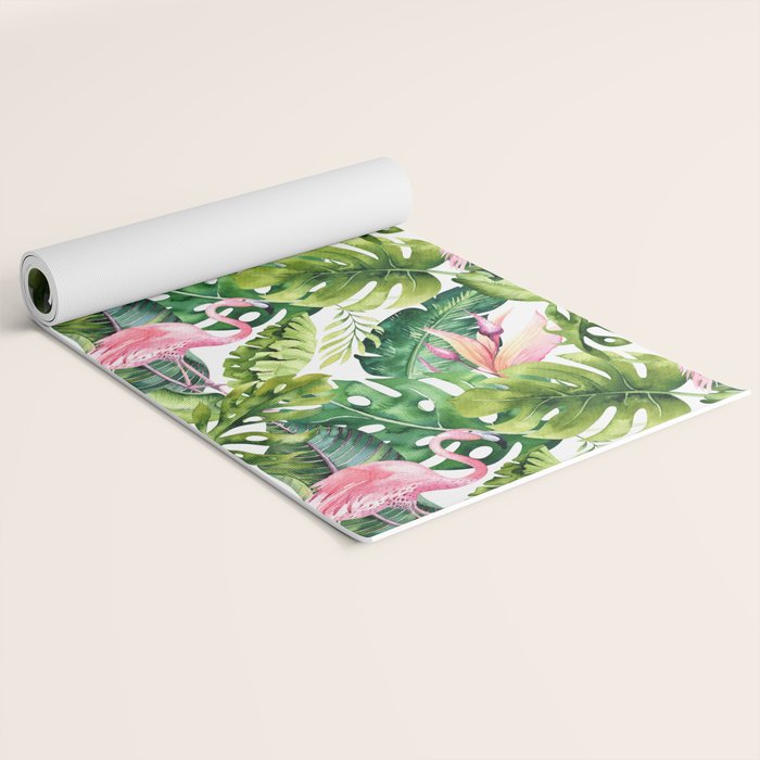 Flamingo Tropical, Colorful Tropical Jungle Monstera Painting, Watercolor Birds Banana Leaves Yoga Mat Gallery Image 2