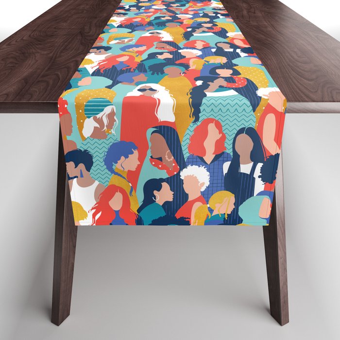 Every day we glow International Women's Day // midnight navy blue background teal, mint, electric blue neon orange red and gold humans  Table Runner Gallery Image 1