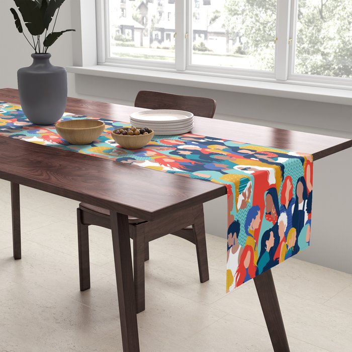 Every day we glow International Women's Day // midnight navy blue background teal, mint, electric blue neon orange red and gold humans  Table Runner Gallery Image 2