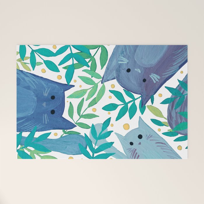 Cats and branches - blue and green Welcome Mat Gallery Image 1