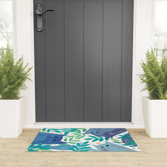 Cats and branches - blue and green Welcome Mat Gallery Image 3