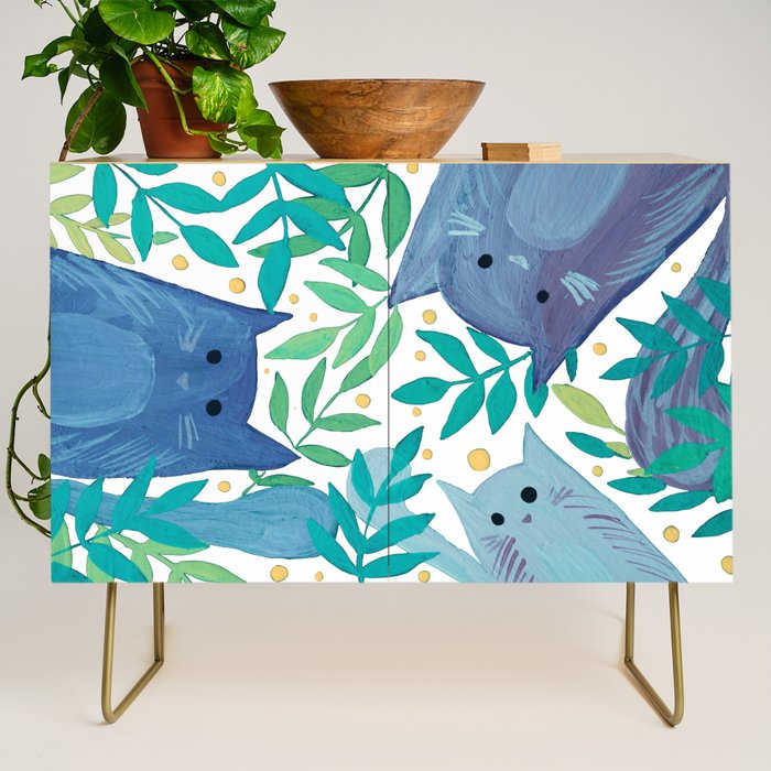 Cats and branches - blue and green Credenza Gallery Image 1