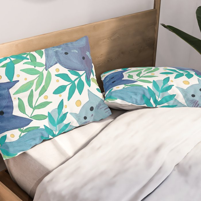 Cats and branches - blue and green Pillow Sham Gallery Image 2