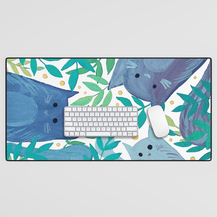 Cats and branches - blue and green Desk Mat Gallery Image 1