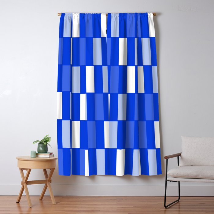 Long Blocks Geometric Check Pattern Royal Blue, Light Blue, White Window Curtain Gallery Image 1