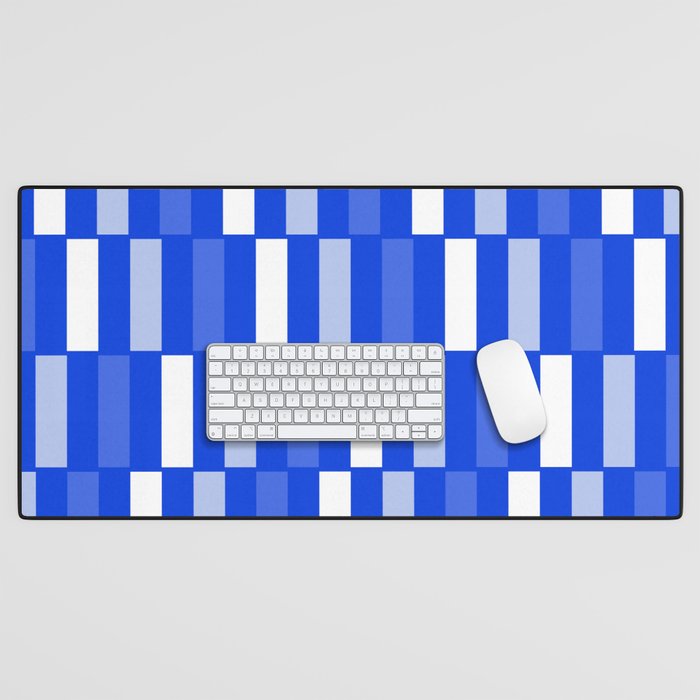 Long Blocks Geometric Check Pattern Royal Blue, Light Blue, White Desk Mat Gallery Image 1