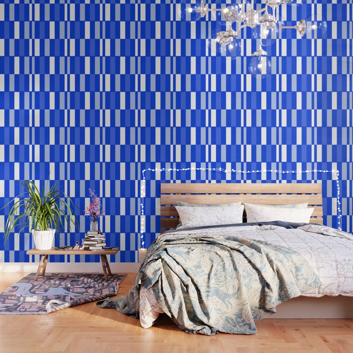 Long Blocks Geometric Check Pattern Royal Blue, Light Blue, White Wallpaper Gallery Image 1