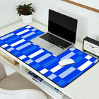 Long Blocks Geometric Check Pattern Royal Blue, Light Blue, White Desk Mat Gallery Image 2