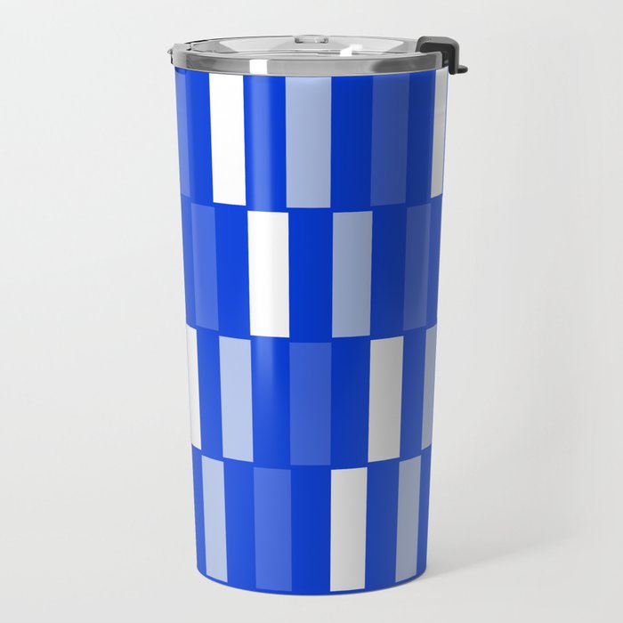 Long Blocks Geometric Check Pattern Royal Blue, Light Blue, White Travel Mug Gallery Image 2