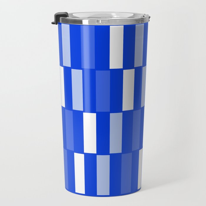 Long Blocks Geometric Check Pattern Royal Blue, Light Blue, White Travel Mug Gallery Image 3