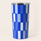 Long Blocks Geometric Check Pattern Royal Blue, Light Blue, White Travel Mug Gallery Image 1