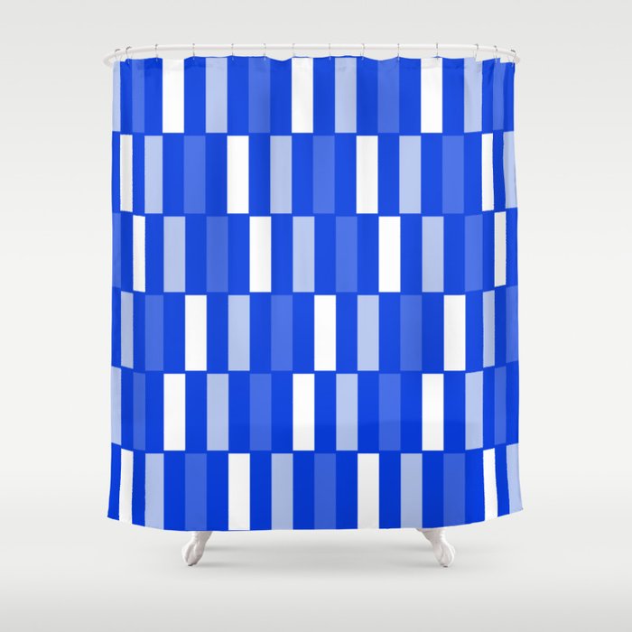 Long Blocks Geometric Check Pattern Royal Blue, Light Blue, White Shower Curtain Gallery Image 1