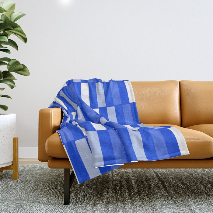 Long Blocks Geometric Check Pattern Royal Blue, Light Blue, White Throw Blanket Gallery Image 1