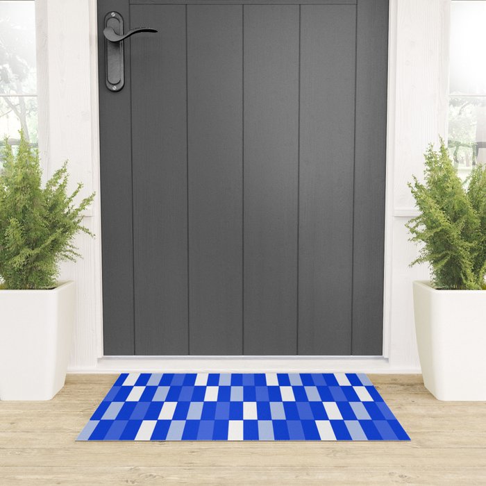 Long Blocks Geometric Check Pattern Royal Blue, Light Blue, White Welcome Mat Gallery Image 3