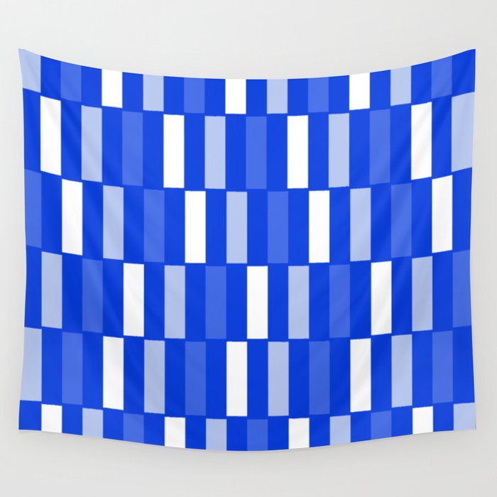 Long Blocks Geometric Check Pattern Royal Blue, Light Blue, White Wall Tapestry Gallery Image 4