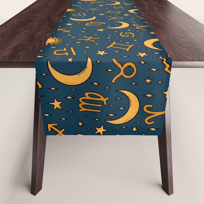 Zodiac Sun and Star Print in Navy Table Runner Gallery Image 1