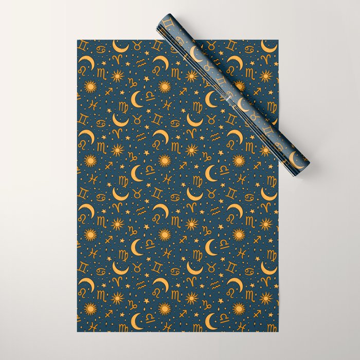 Zodiac Sun and Star Print in Navy Wrapping Paper Gallery Image 1