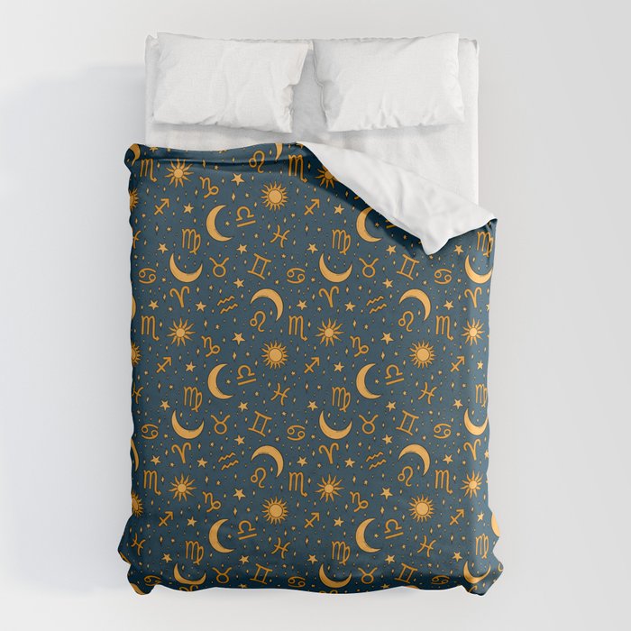 Zodiac Sun and Star Print in Navy Duvet Cover Gallery Image 1