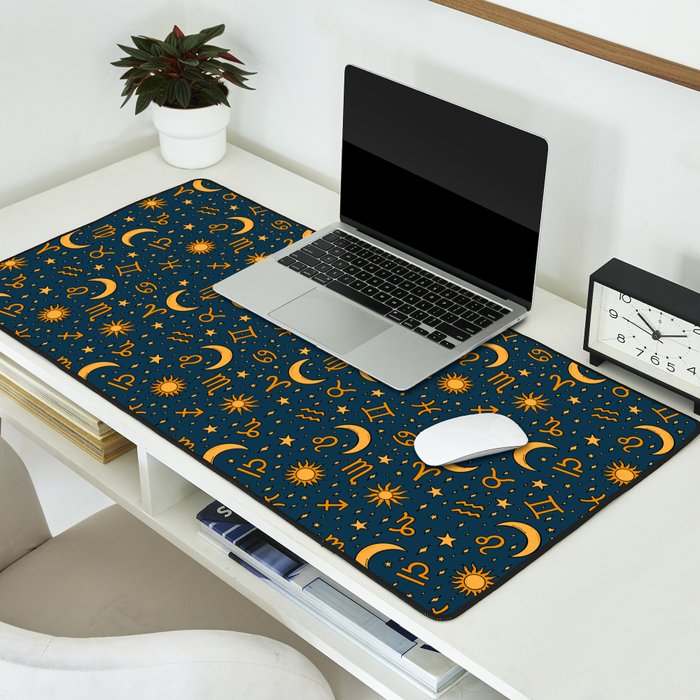 Zodiac Sun and Star Print in Navy Desk Mat Gallery Image 2