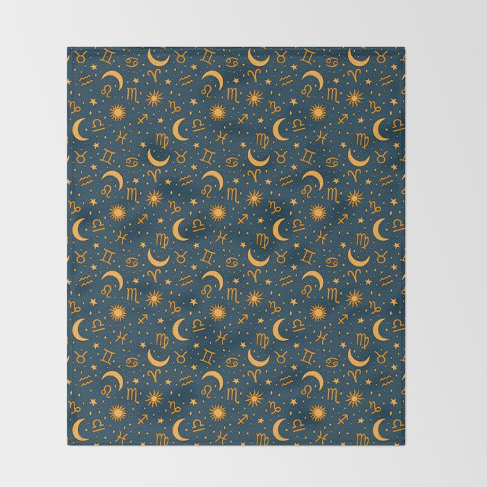 Zodiac Sun and Star Print in Navy Throw Blanket Gallery Image 2