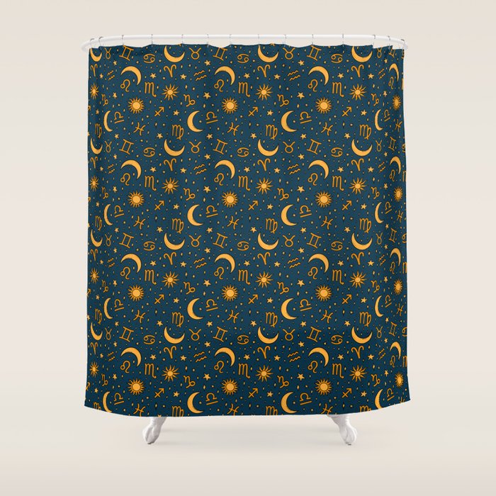 Zodiac Sun and Star Print in Navy Shower Curtain Gallery Image 1