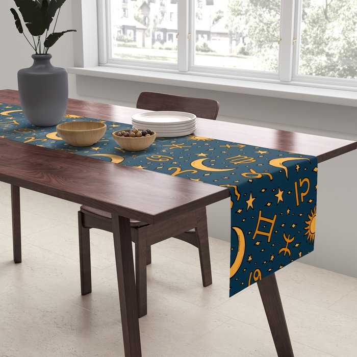 Zodiac Sun and Star Print in Navy Table Runner Gallery Image 2