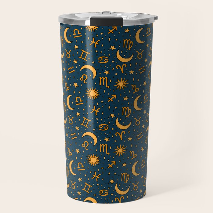Zodiac Sun and Star Print in Navy Travel Mug Gallery Image 1