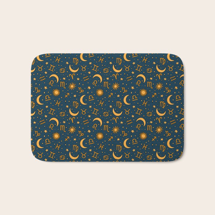 Zodiac Sun and Star Print in Navy Bath Mat Gallery Image 1