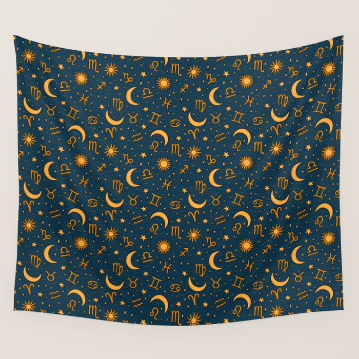 Zodiac Sun and Star Print in Navy Wall Tapestry Gallery Image 4