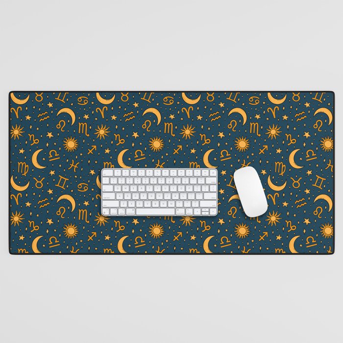 Zodiac Sun and Star Print in Navy Desk Mat Gallery Image 1