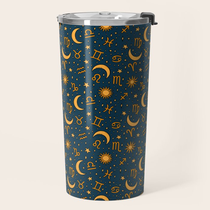 Zodiac Sun and Star Print in Navy Travel Mug Gallery Image 2
