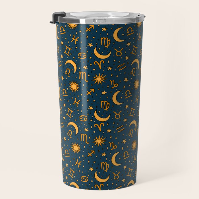 Zodiac Sun and Star Print in Navy Travel Mug Gallery Image 3