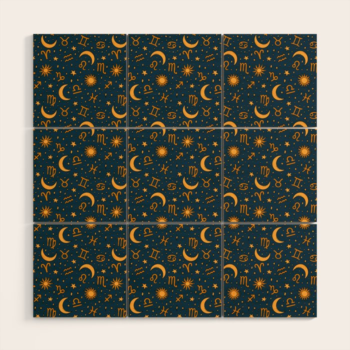 Zodiac Sun and Star Print in Navy Wood Wall Art Gallery Image 1