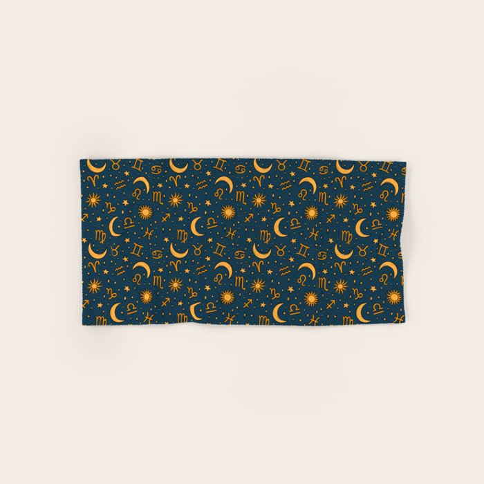 Zodiac Sun and Star Print in Navy Bath Towel Gallery Image 1