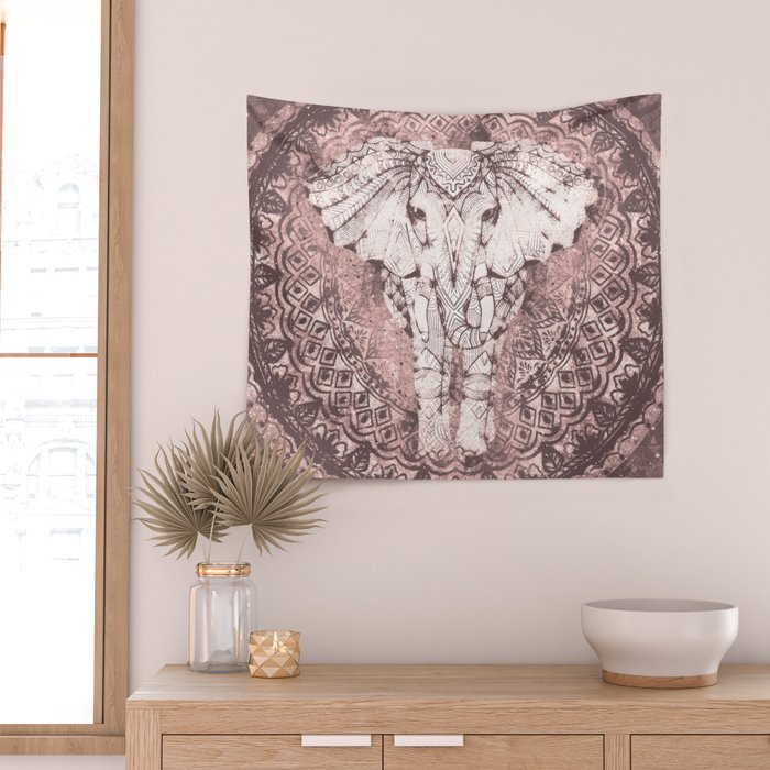 Bohemian, Elephant, Mandala, Blush, Moon Wall Tapestry Gallery Image 2