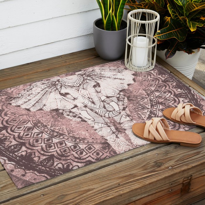 Bohemian, Elephant, Mandala, Blush, Moon Outdoor Rug Gallery Image 2