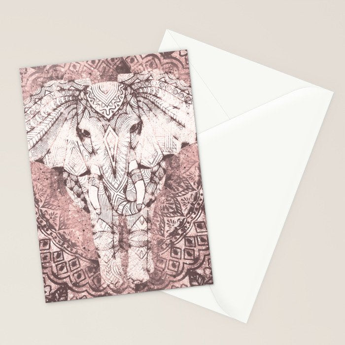 Bohemian, Elephant, Mandala, Blush, Moon Stationery Card Gallery Image 2