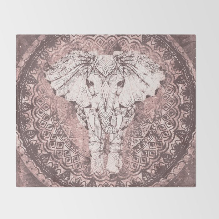 Bohemian, Elephant, Mandala, Blush, Moon Throw Blanket Gallery Image 2